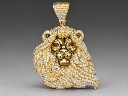 10K Gold Lion Face Pendant with 3.15 CT Natural Diamonds & Red Diamond Eyes