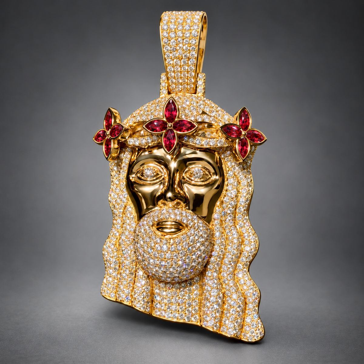 10K Yellow Gold Diamond Jesus Piece Pendant with Red Sapphire Flower Crown