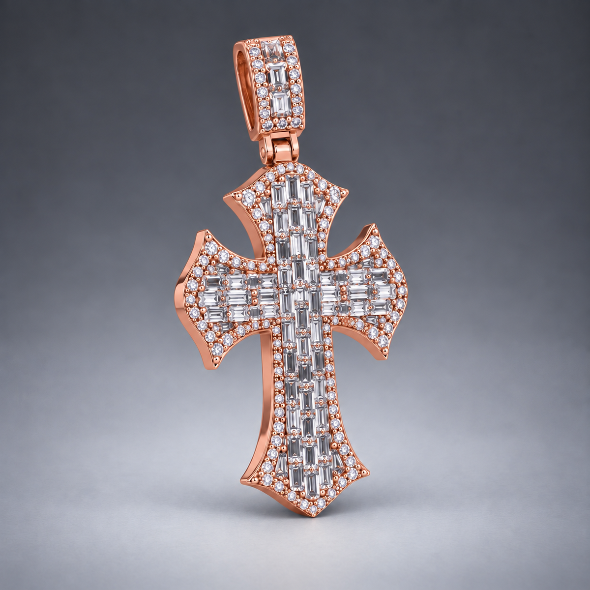 14K Gold Baguette& Round Diamond Cross Pendant