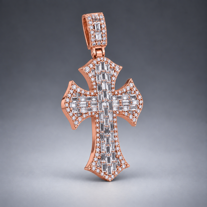 14K Gold Baguette& Round Diamond Cross Pendant