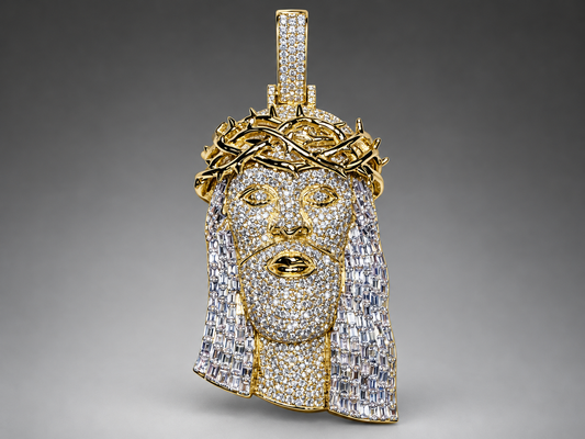 14K Gold Round & Baguette Natural Diamond Jesus Pendant w Polish Thorn Crown