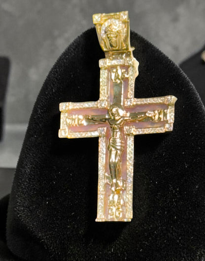 14K Yellow Gold 1.45” Enamel Jesus Cross Pendant with Diamond Border & Diamond Jesus Bail