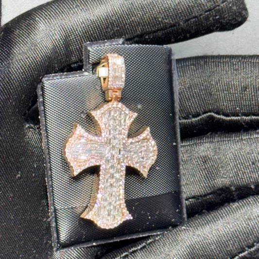 14K Rose Gold Baguette& Round Diamond Cross Pendant – 1.80 CT