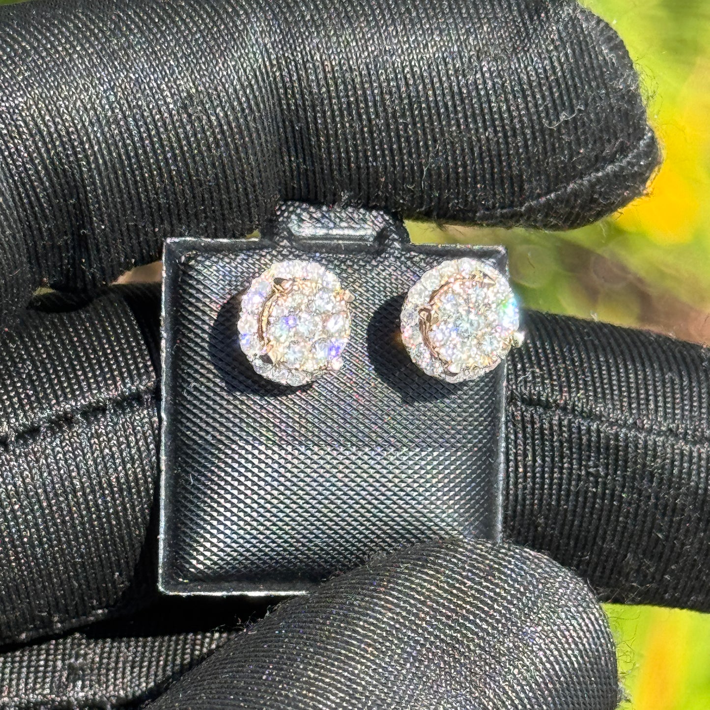 Round Cluster Diamond Halo Earrings – 10K Yellow Gold Iced Out Studs