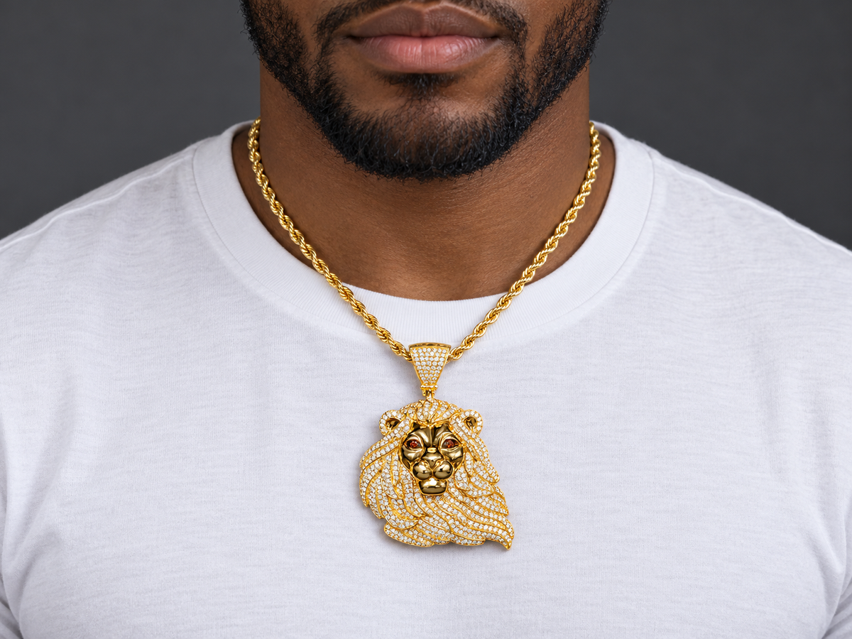 10K Gold Lion Face Pendant with 3.15 CT Natural Diamonds & Red Diamond Eyes