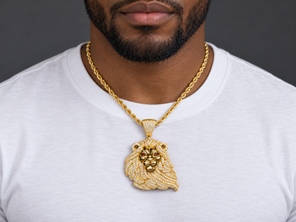 10K Gold Lion Face Pendant with 3.15 CT Natural Diamonds & Red Diamond Eyes