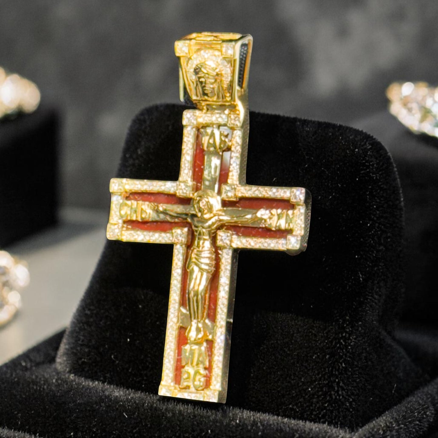 14K Yellow Gold 1.45” Enamel Jesus Cross Pendant with Diamond Border & Diamond Jesus Bail