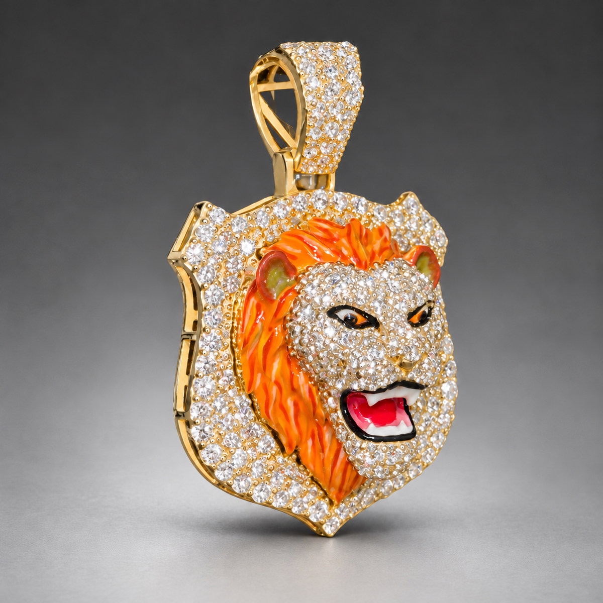 10K Gold 3D Lion Face Pendant with 4.05 CT Natural Diamonds & Enamel Detail