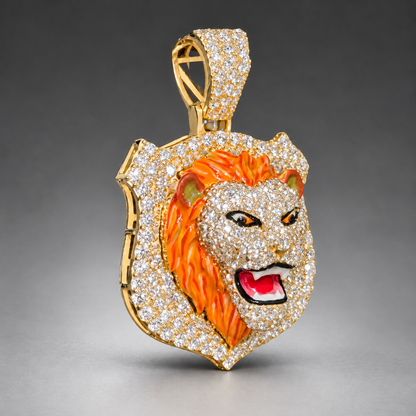 10K Gold 3D Lion Face Pendant with 4.05 CT Natural Diamonds & Enamel Detail