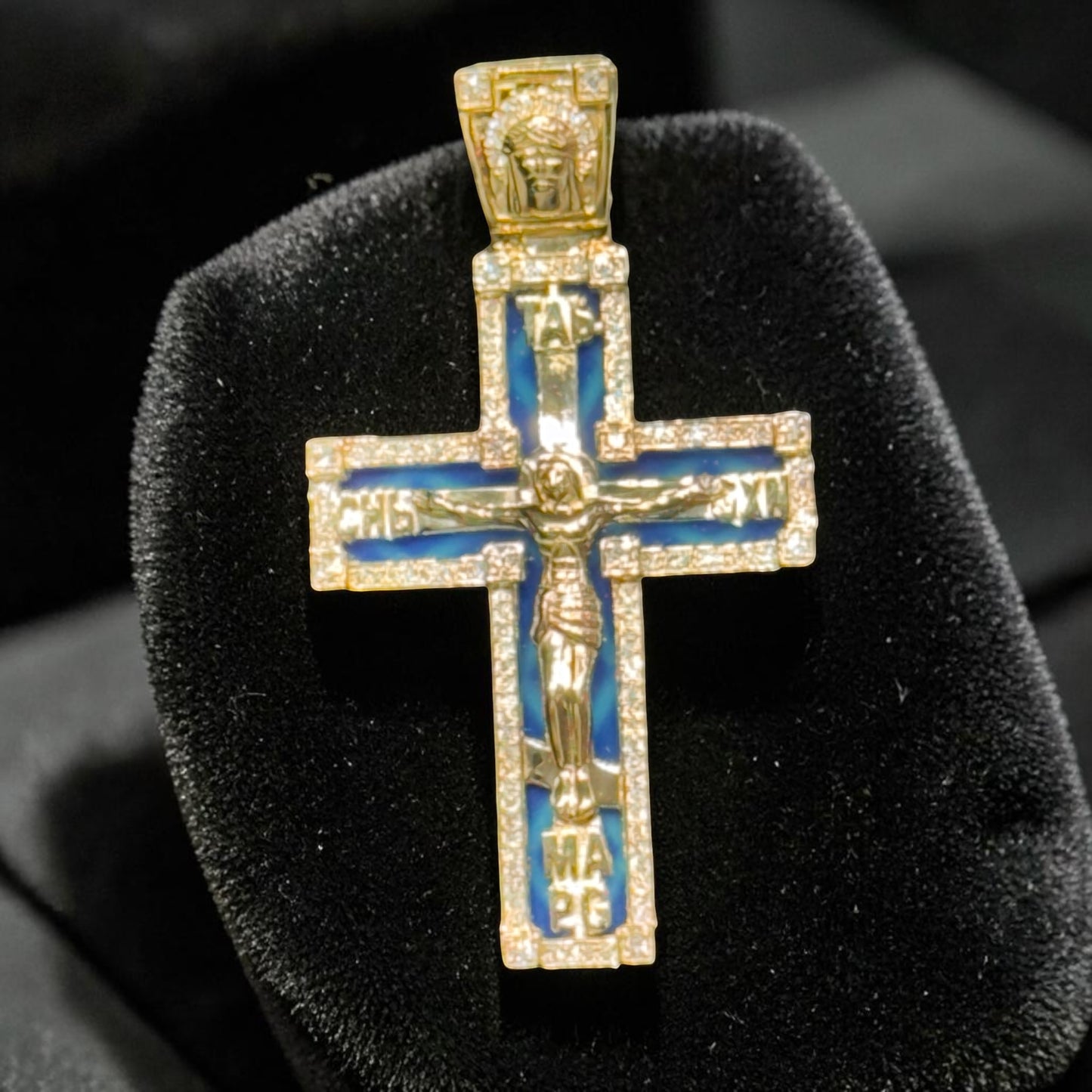 14K Yellow Gold 1.45” Enamel Jesus Cross Pendant with Diamond Border & Diamond Jesus Bail