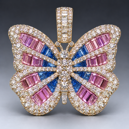 14K Butterfly Pendant with Blue & Pink Sapphire Center and Natural Diamond Border