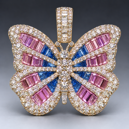 14K Butterfly Pendant with Blue & Pink Sapphire Center and Natural Diamond Border