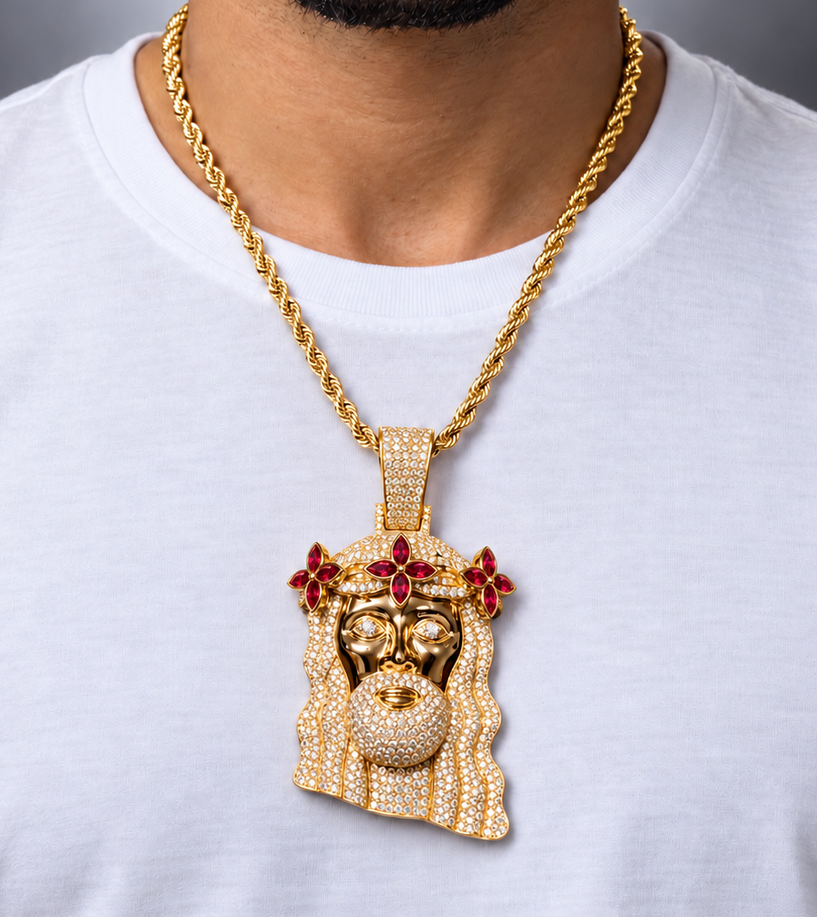 10K Yellow Gold Diamond Jesus Piece Pendant with Red Sapphire Flower Crown