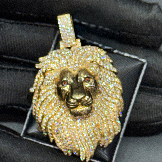 10K Gold 1.25” Natural Diamond Lion Face Pendant – Diamond Eyes