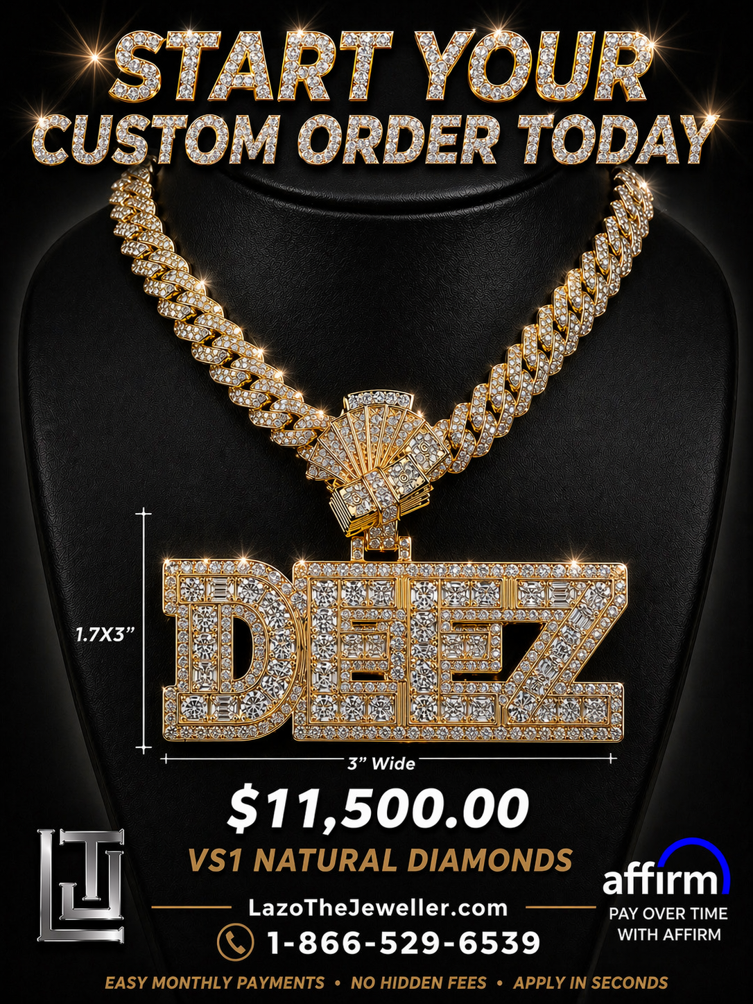 10k Gold VS1 Natural Diamond 2.5x 3” Wide Custom Order Pendant Deposit