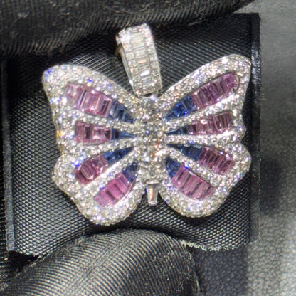 14K Yello1.35” Butterfly Pendant with 4.40 CT Blue & Pink Sapphire Center and Natural Diamond Border