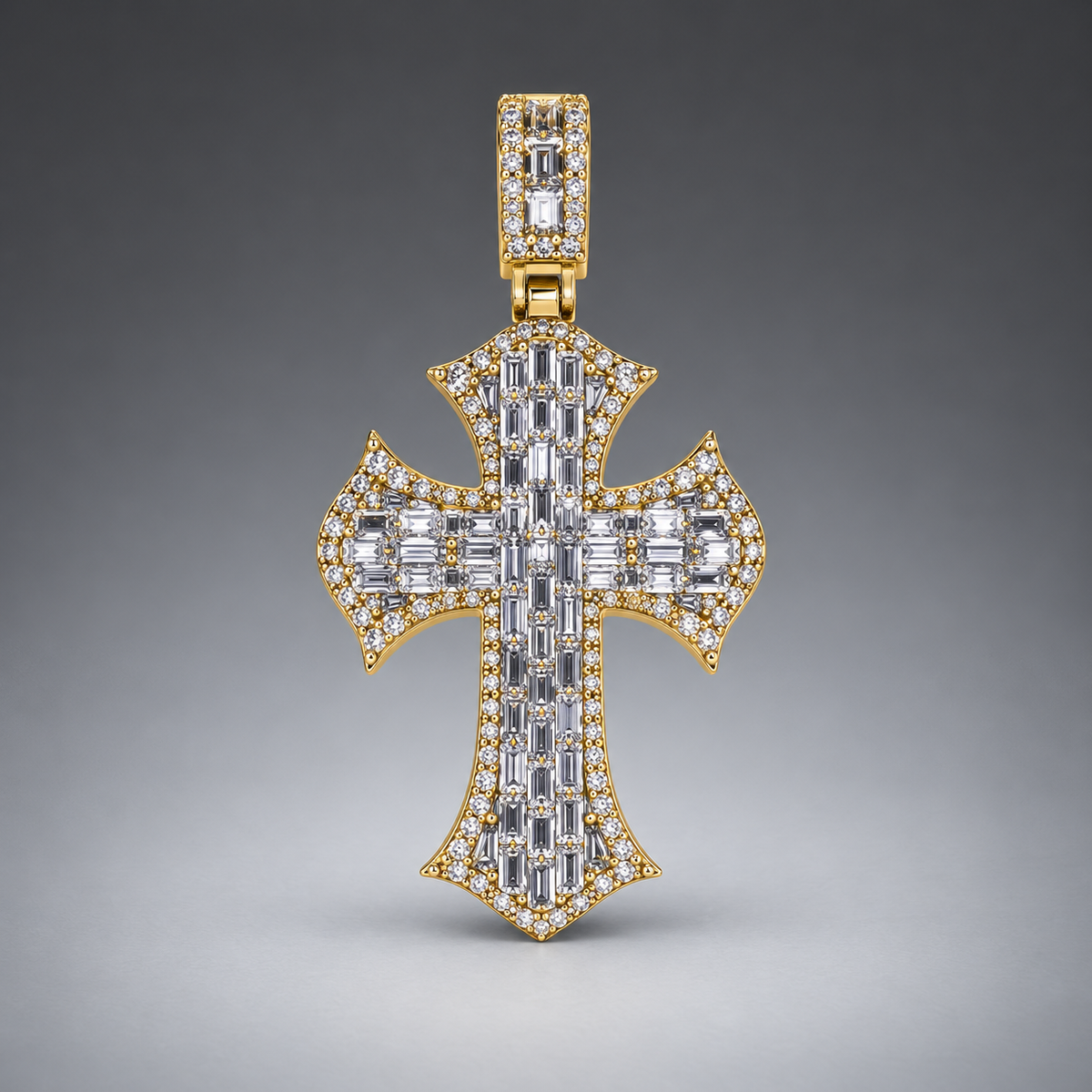 14K Gold Baguette& Round Diamond Cross Pendant
