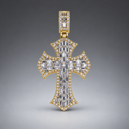 14K Gold Baguette& Round Diamond Cross Pendant