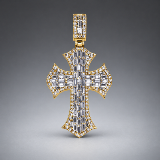 14K Gold Baguette& Round Diamond Cross Pendant