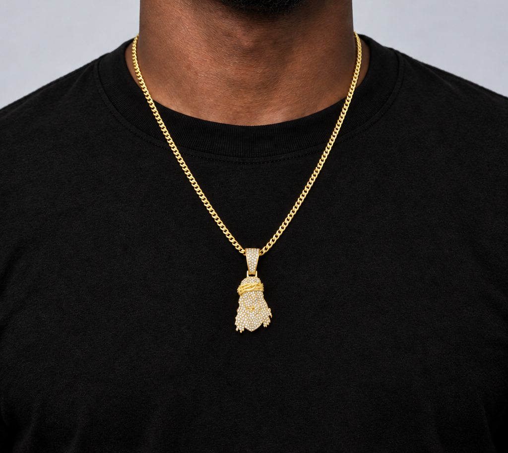 Jesus Pendant in 14K Yellow Gold – Diamond-Set Crown & Bail, Glow-in-the-Dark Enamel