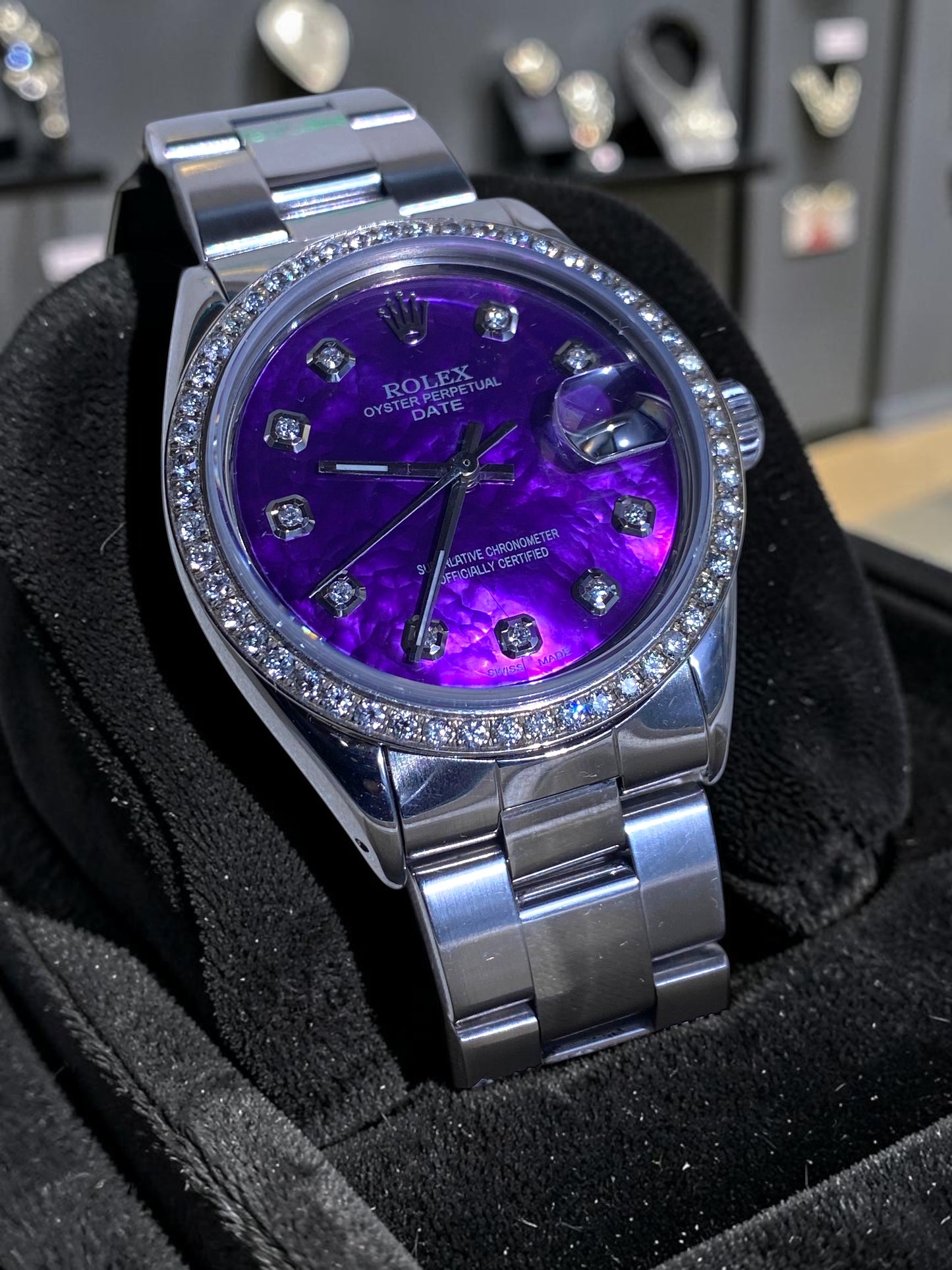 Rolex Datejust 34mm Diamond Bezel Purple Mother of Pearl Dial