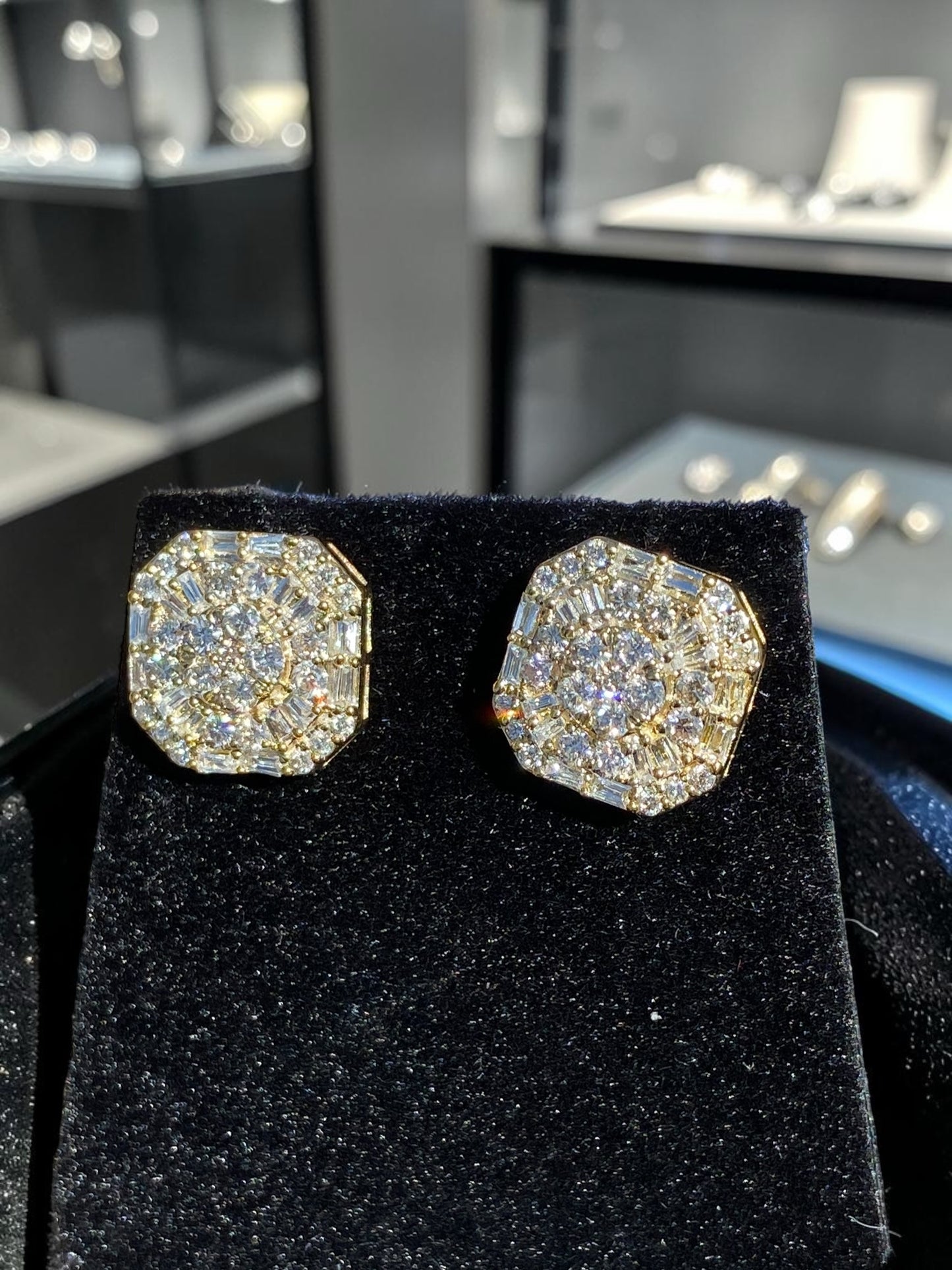 10K Gold Baguette & Round Diamond Octagon Earrings 1.04 Carats – Iced Out Hip Hop Studs