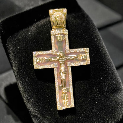 14K Yellow Gold 1.45” Enamel Jesus Cross Pendant with Diamond Border & Diamond Jesus Bail