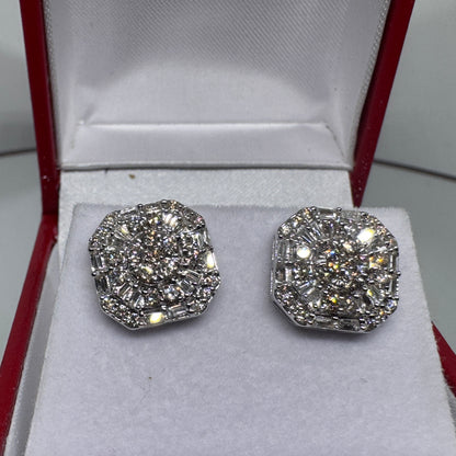 10K Gold Baguette & Round Diamond Octagon Earrings 1.04 Carats – Iced Out Hip Hop Studs