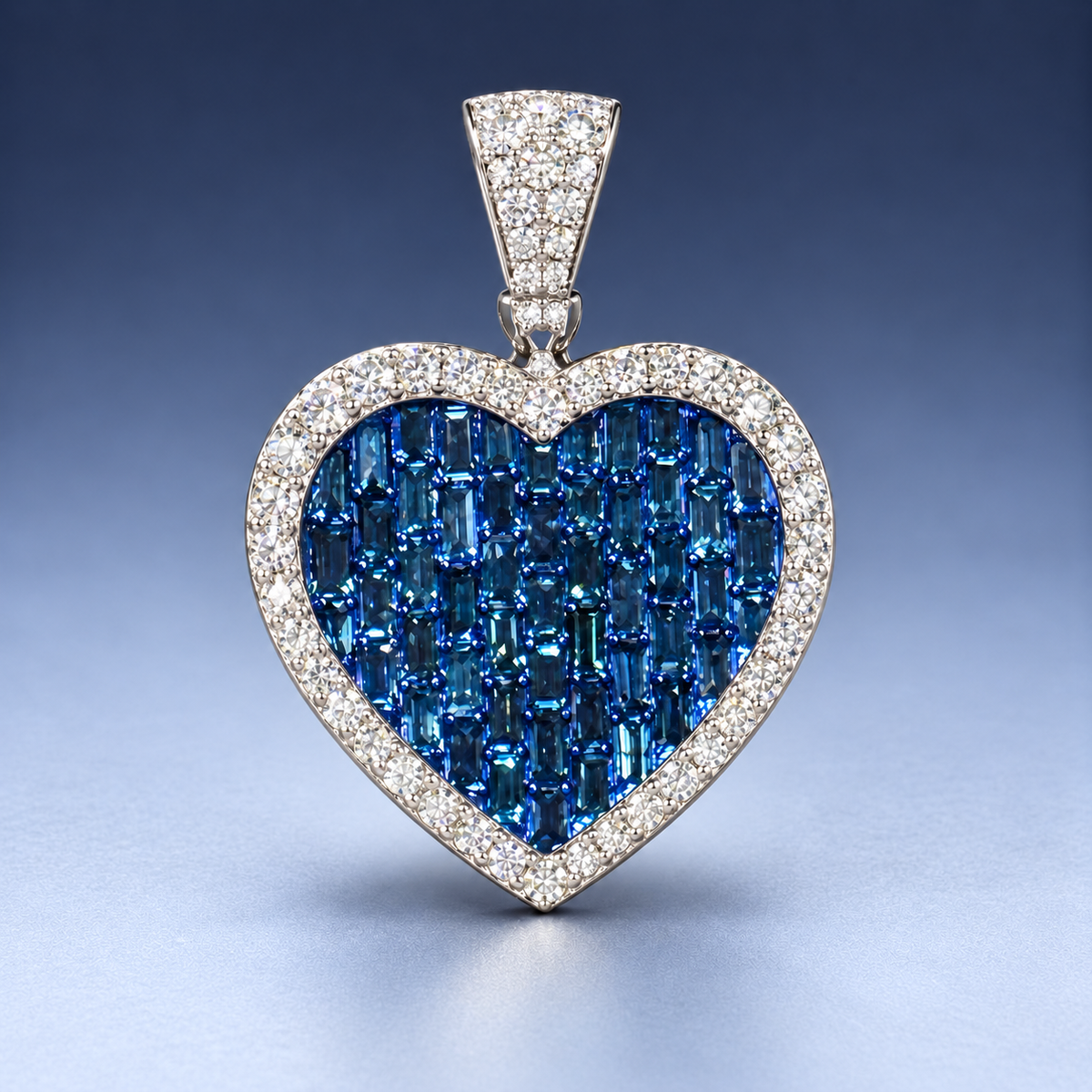 14K White Gold Blue Baguette Diamond Heart Pendant