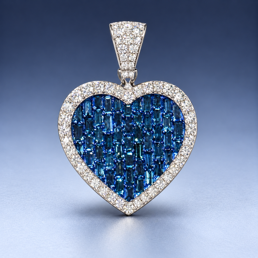 14K White Gold Blue Baguette Diamond Heart Pendant