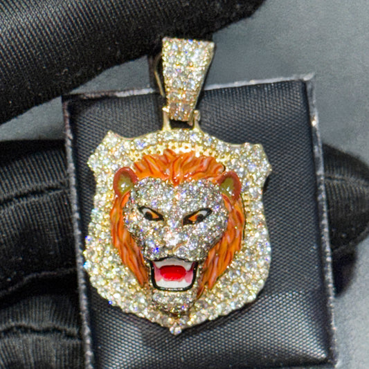 10K Gold 1” 3D Lion Face Pendant with 4.05 CT Natural Diamonds & Enamel Detail