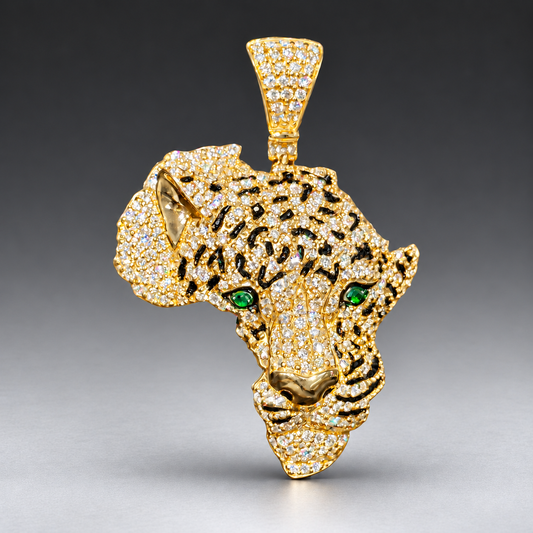 10K Gold 1.25” Africa Cheetah Face Pendant with 2.30 CT Natural Diamonds, Black Enamel & Green Diamond Eyes