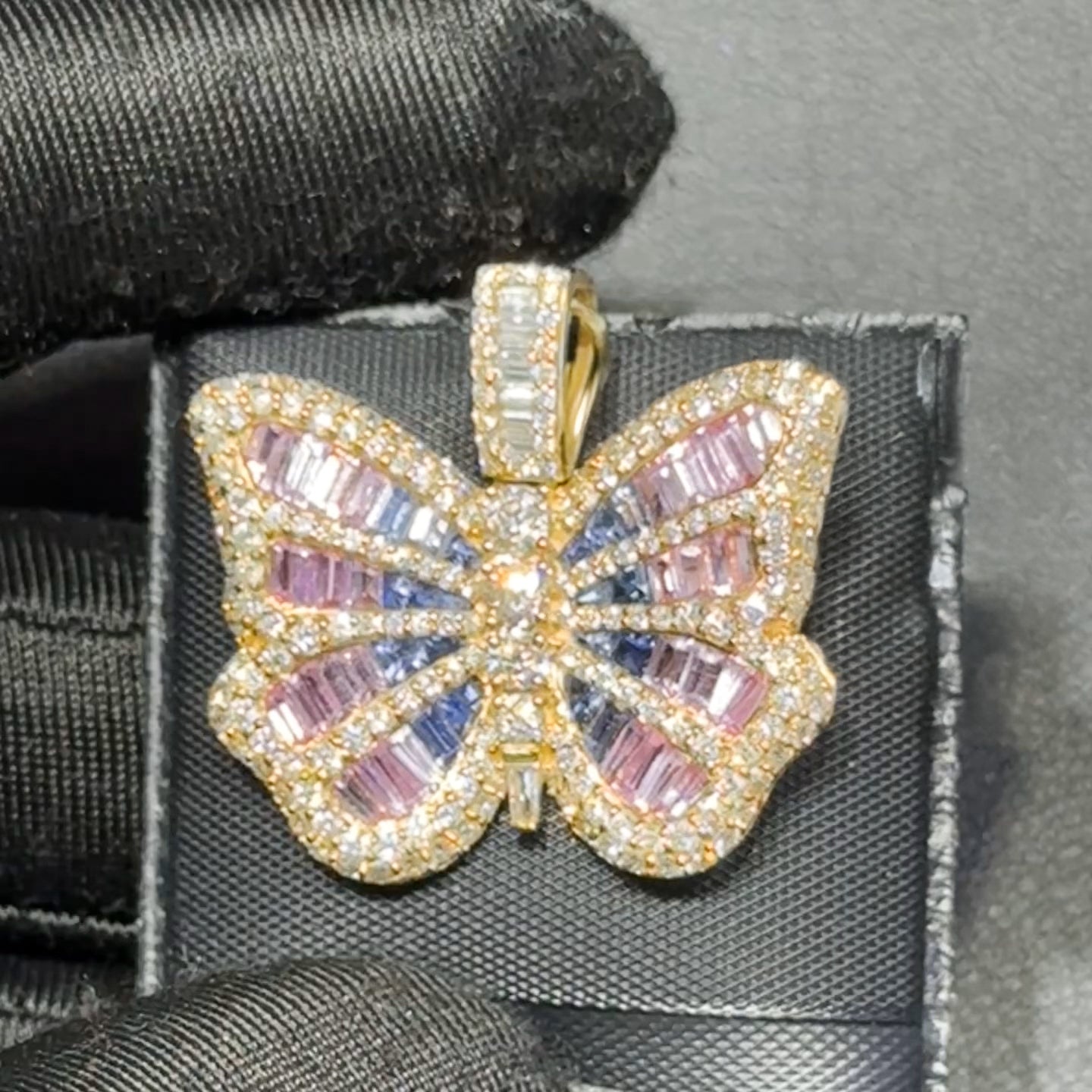 14K Yello1.35” Butterfly Pendant with 4.40 CT Blue & Pink Sapphire Center and Natural Diamond Border