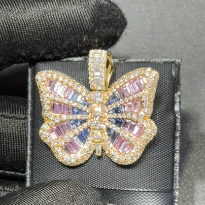 14K Yello1.35” Butterfly Pendant with 4.40 CT Blue & Pink Sapphire Center and Natural Diamond Border