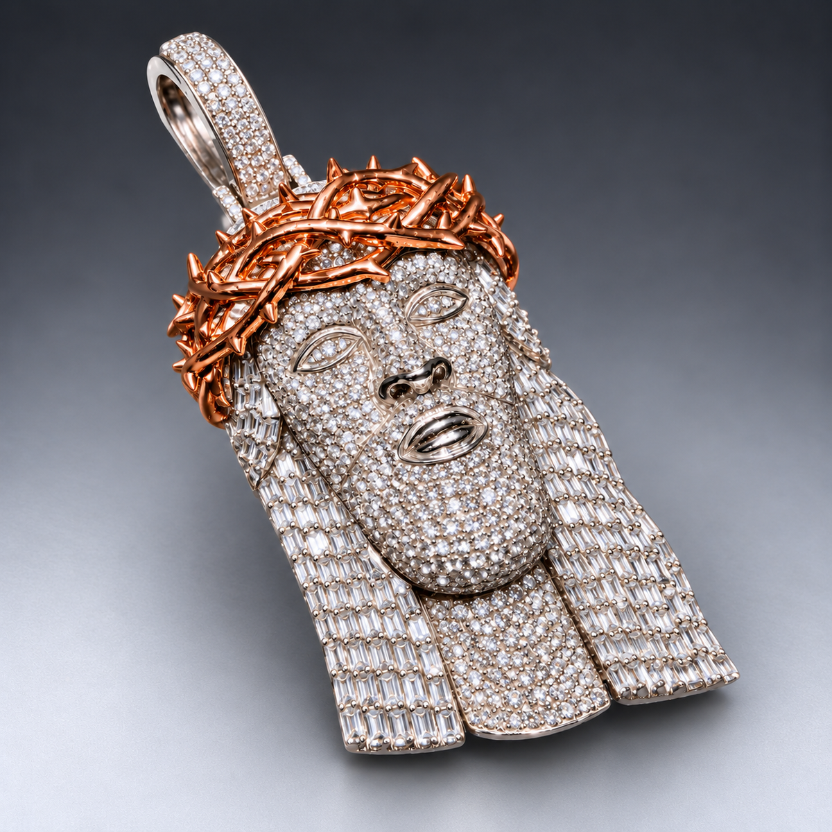 14K Gold Round & Baguette Natural Diamond Jesus Pendant w Polish Thorn Crown