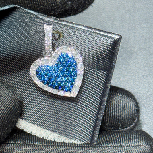 14K White Gold .50” Heart Pendant with 1.00 CT Blue & White Natural Baguette & Round Diamonds
