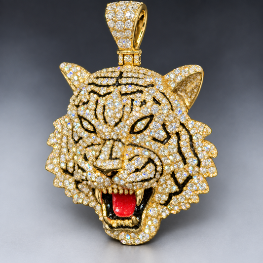 10K Gold 1.25” Tiger Face Pendant with Natural Diamonds & Red Enamel Tongue