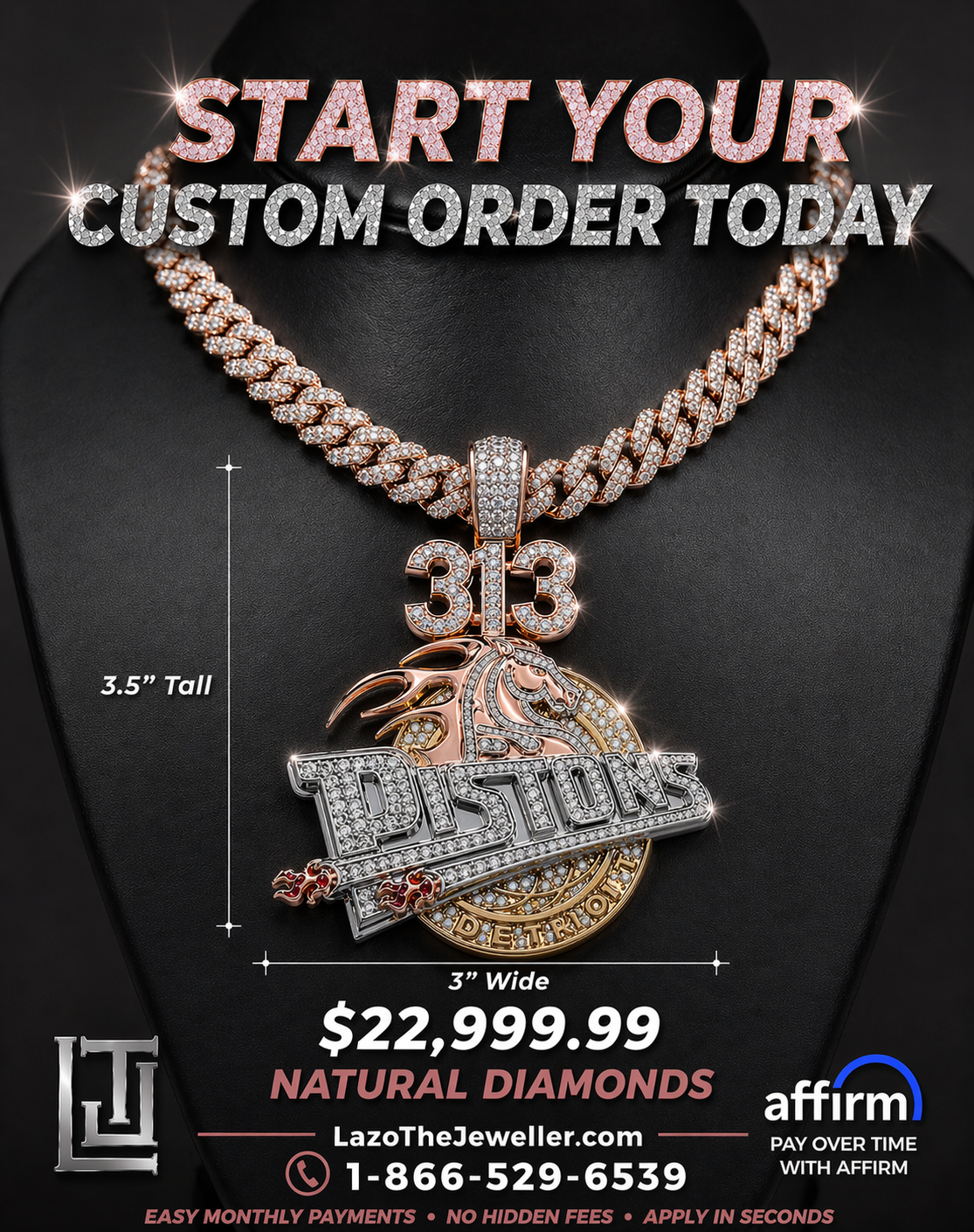 10k Gold VS1 Natural Diamond 3.5 x 3” Wide Custom Order Pendant Deposit