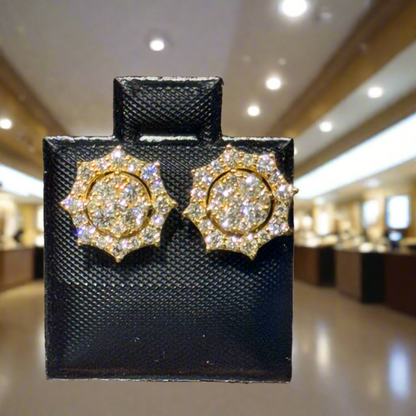 0.90ct Yellow Gold Starburst Diamond Earrings – Custom Hip Hop Cluster Studs