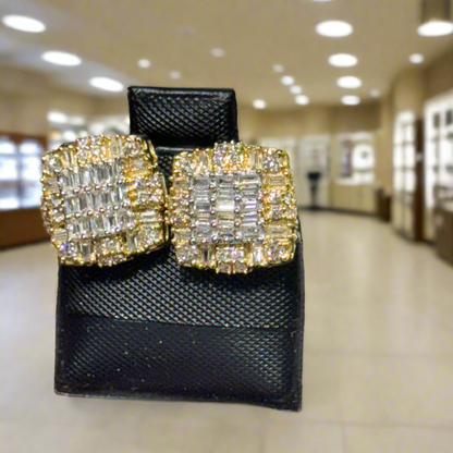 1.00ct Yellow Gold Baguette & Round Diamond Cluster Earrings – Iced Out Hip Hop Studs