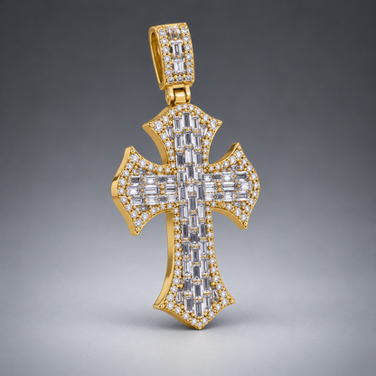 14K Gold Baguette& Round Diamond Cross Pendant