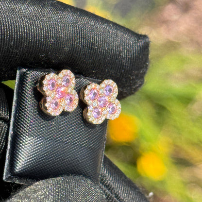 Yellow Gold Diamond & Pink Gemstone Flower Earrings 1.20ct – Luxury Hip Hop Cluster Studs