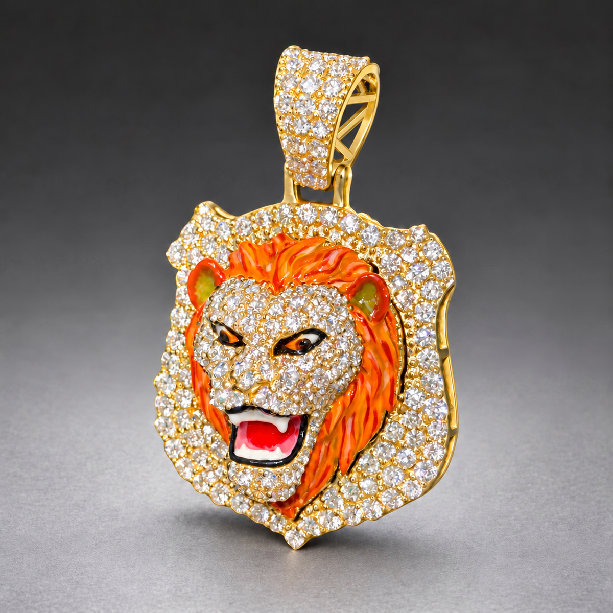 10K Gold 3D Lion Face Pendant with 4.05 CT Natural Diamonds & Enamel Detail