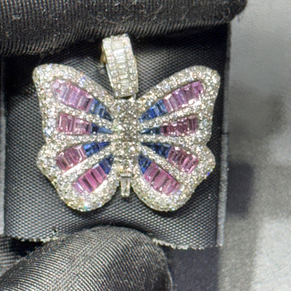 14K Yello1.35” Butterfly Pendant with 4.40 CT Blue & Pink Sapphire Center and Natural Diamond Border