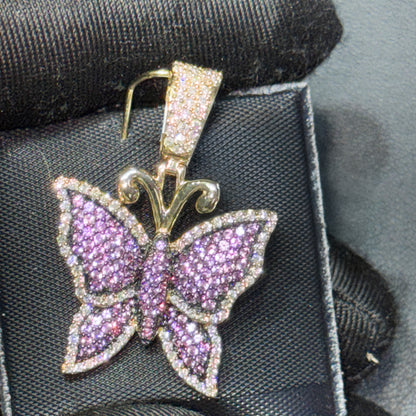 14K Gold Diamond & Gemstone Butterfly Pendant – Purple, Pink & Blue Options