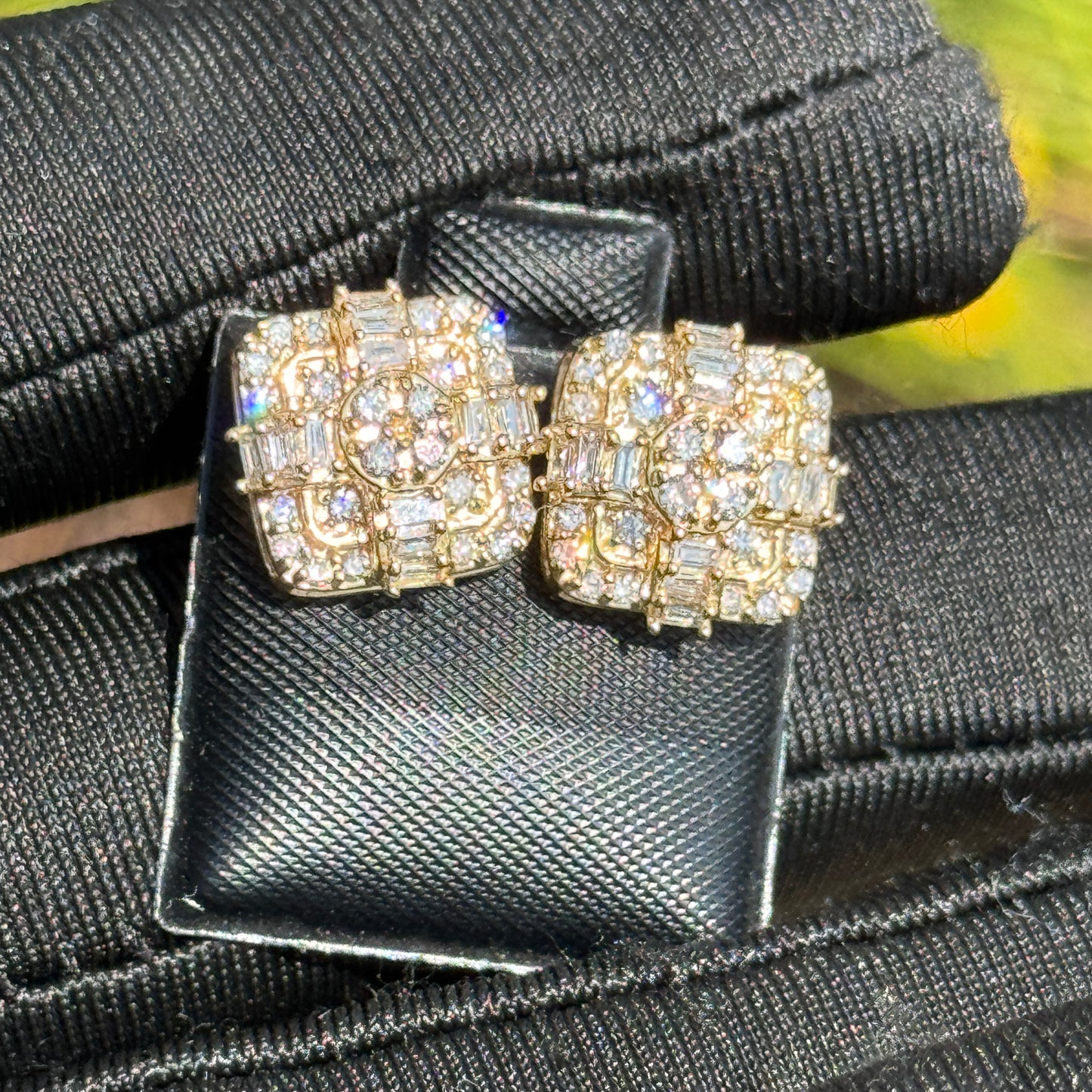 Yellow Gold Baguette & Round Diamond Grid Cluster Earrings 0.81ct– Iced Out Hip Hop Studs