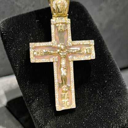 14K Yellow Gold 1.45” Enamel Jesus Cross Pendant with Diamond Border & Diamond Jesus Bail