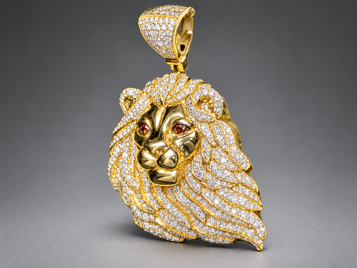 10K Gold Lion Face Pendant with 3.15 CT Natural Diamonds & Red Diamond Eyes