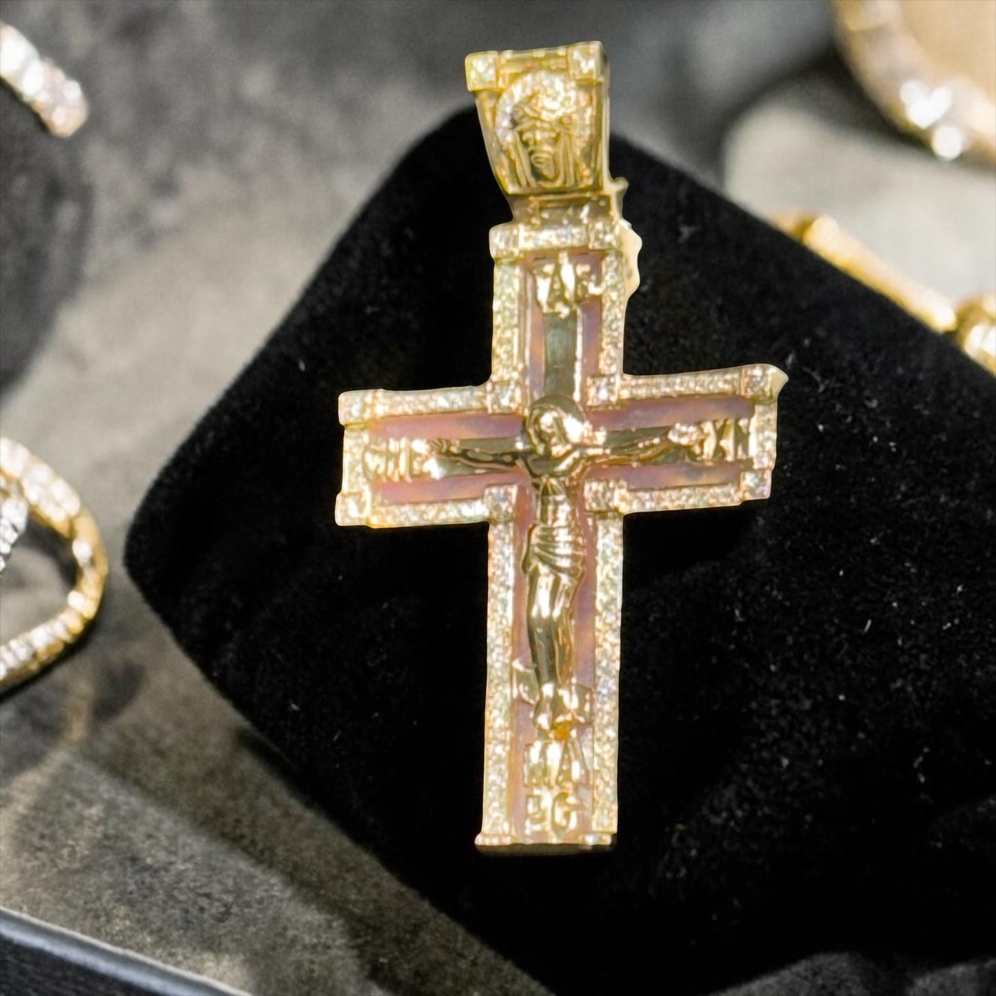 14K Yellow Gold 1.45” Enamel Jesus Cross Pendant with Diamond Border & Diamond Jesus Bail