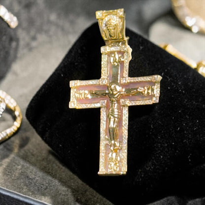 14K Yellow Gold 1.45” Enamel Jesus Cross Pendant with Diamond Border & Diamond Jesus Bail